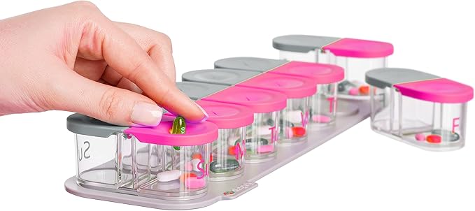 Sagely Smart XL Weekly Pill Organizer AM/PM - Medicine Storage Organizer with Reminder Alarm App (Large Enough to Fit Fish Oil, Cod Liver Oil, Vitamin D Supplements & Vitamins) (Pink/Gray)
