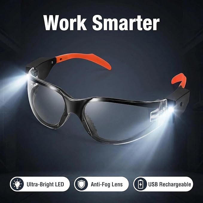 Rechargeable LED Safety Glasses for Mechanics | Ultra-Bright Built-in Work Light, Anti-Fog Clear Lenses | for Auto Repair, Under-Hood & Dark Workspaces