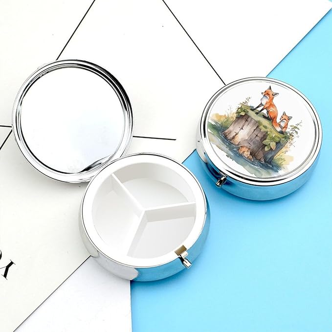 Hand Drawn Fox Pill Box Travel Pill Case for Purse Pocket Weekly Medicine Organizer with Mirror 3 Compartment Round Medicine Case Portable PillcaseHolder for Daily