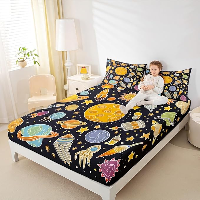 Outer Space Solar System Bed Sheet Set Full - Fitted Sheet for Kids, Planet Bedding for Boys Girls, Educational Bed Cover 3Pcs (No Flat Sheet)