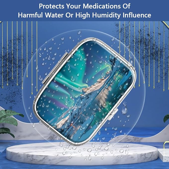 Pill Box 2 Compartment Small Pill Case,Portable for Pocket or Purse Pill Organizer Pill Container Holder to Hold Vitamins, Medication, Fish Oil and Supplements(Aurora Lights)