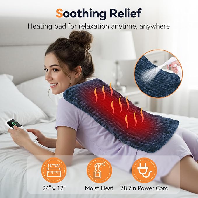 Heating Pad for Back Pain, Electric Heat Pad with 9 Heat Levels & 4 Auto-Off Timers, Portable Heating Pad for Period Cramps, Shoulder, Neck, Machine Washable, Gifts for Women and Men, Blue, 24''×12''