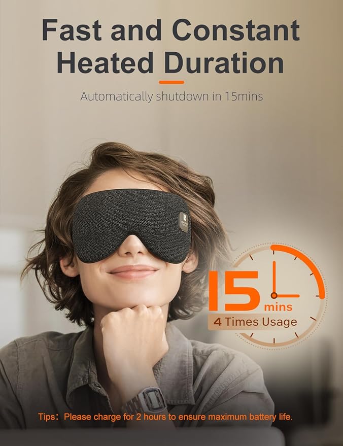 Heated Eye Mask Rechargeable Eye Warmer for Dry Eyes Stye Relax, Blackout Eyes Mask for Airplane Sleeping for Travel, Birthday Idea for Woman/Man (Black)
