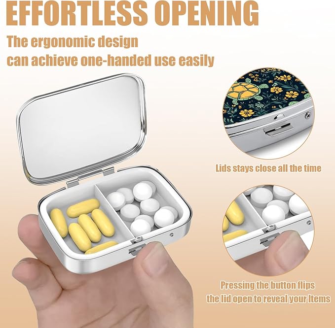 Pill Box-2 Compartment Small Pill Case Square Organizer Case with Mirror Portable Metal Medicine Box Travel Container for Pocket & Purse Women Men（Sea Tutle Yellow Flower）