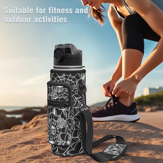 Halloween Half Gallon Water Bottle with Sleeve - Flip Top Bpa Free 32 OZ - Motivational Time Marker Leakproof Water Jug - Gothic Witchy Gifts for Women - Spider Web for Gifts