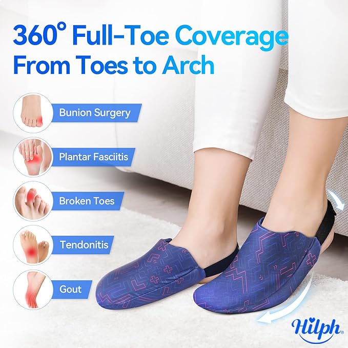 Hilph 1 Pair Foot & Toe Ice Pack Wrap for Broken Toes & Surgery Recovery, Wearable Forefoot Gel Ice Pack Cold Therapy Sock with Strap for Hammer Toe Injuries Reusable, Gout, Blue