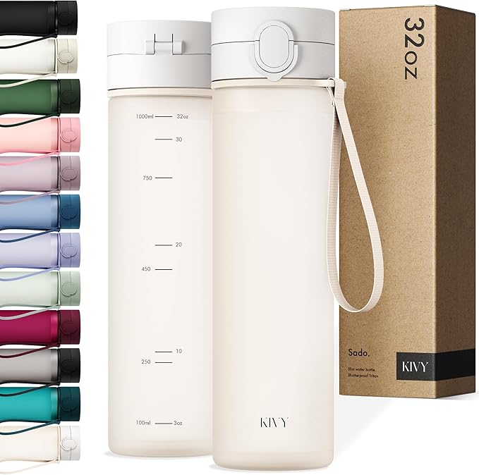 KIVY Slim Water Bottle 32oz with Leakproof Flip Lid [Lightweight & Shatterproof] Fits Backpack & Cupholder for Travel, Sports, School - Tall Gym Water Bottle with Measurements - Dishwasher Safe