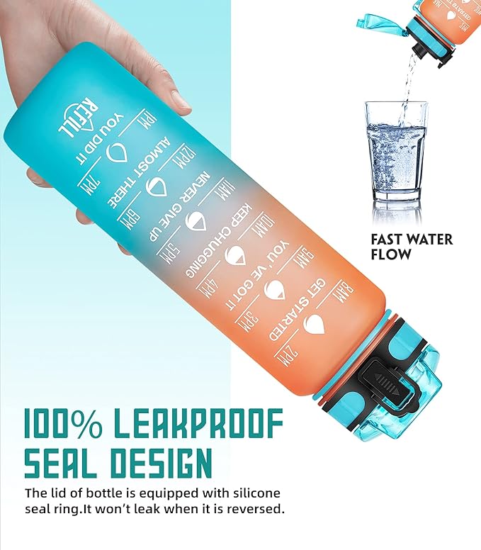 Motivational Water Bottle with Time Marker and Fruit Strainer, Leak-Proof, BPA Free, Non-Toxic, with Carrying Strap, Perfect for Fitness, Gym and Sports