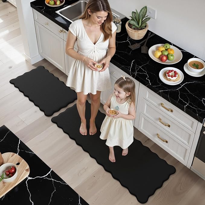 KIMODE Scalloped Kitchen Mats for Floor Cushioned Anti Fatigue,Wavy Kitchen Sink Rugs Sets of 2 Non Slip,Comfort Memory Foam Kitchen Floor Mat Carpet for Office Laundry,Black
