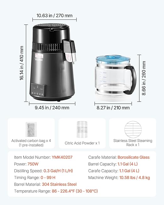 VEVOR Water Distiller, 4L /1.1 Gallon Pure Water Distilled for Home Table Countertop, 750W Distilling Maker with Glass Carafe, Stainless Steel Interior Drinking Machine to Make Clean Waters, Grey