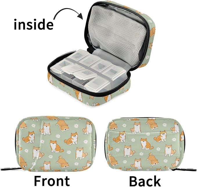 Fustylead Cute Cartoon Shiba Inu Dog and Daisy Flower Pill Organizer Travel Portable Zipper Cloth Bag for Holding Weekly Supplements Vitamins and Fish Oils