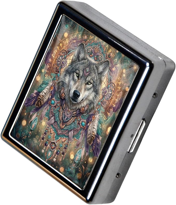 Metal 7 Day Pill Organizer, Weekly Pill Case 8 Compartments, Travel Pill Box for Purse & Pocket, Small Medicine & Vitamin Organizer, PP Dividers, Secure Clasp (Mystic Wolf)
