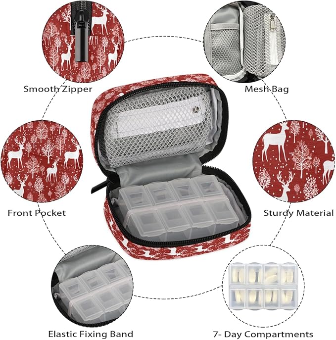 Christmas Deer Pill Case Everyday Travel, 7 Day Weekly Medicine Pill Box Compact Portable Pills Bottle Organizer with Zipper for Daily Vitamin Medicine Holder Bottle Organizers Bag