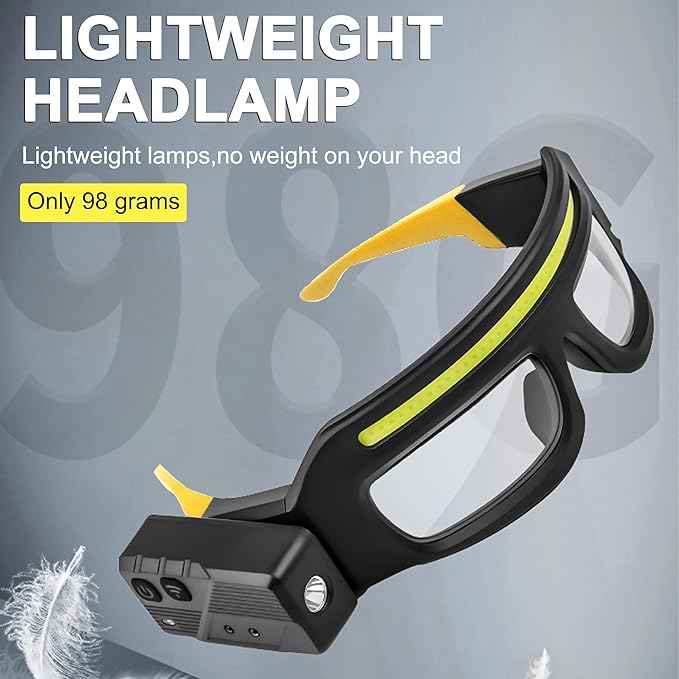 LED Rechargeable Headlight Glasses with Motion Sensor & Touch Control 5 Modes USB C Light Up Glasses Lighted Eyewear