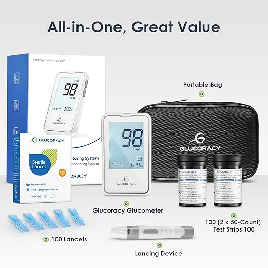 Glucoracy Blood Glucose Monitor Kit with 100 Blood Sugar Test Strips & Lancets, Glucometer, Lancing Device, Travel Case, Diabetic Home Testing Kit