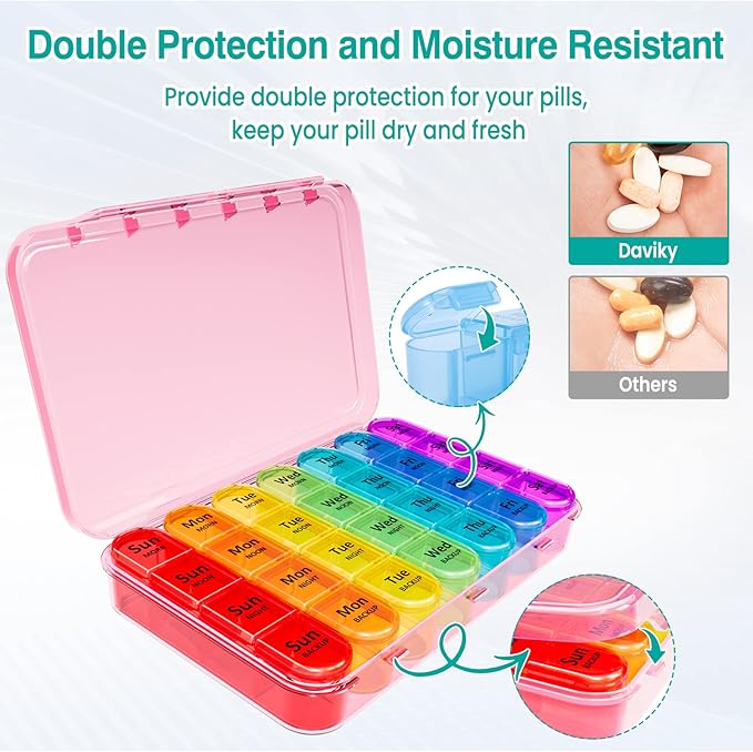 Daviky Weekly Pill Organizer, 7 Day Pill Organizer 4 Times a Day, Daily Pill Box 7 Day, Large Travel Pill Box with Removable Pill Case to Hold Vitamin, Supplement and Medication (Pink)
