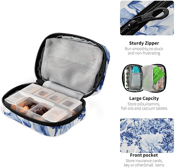 Cute Travel Pill Organizer Case Holder Container Dispenser Box 7 Day Weekly Large Capacity with 8 Daily Vitamin Medicine Holder Bottle Organizers Small Pills Cases Blue White Flower Butterfly