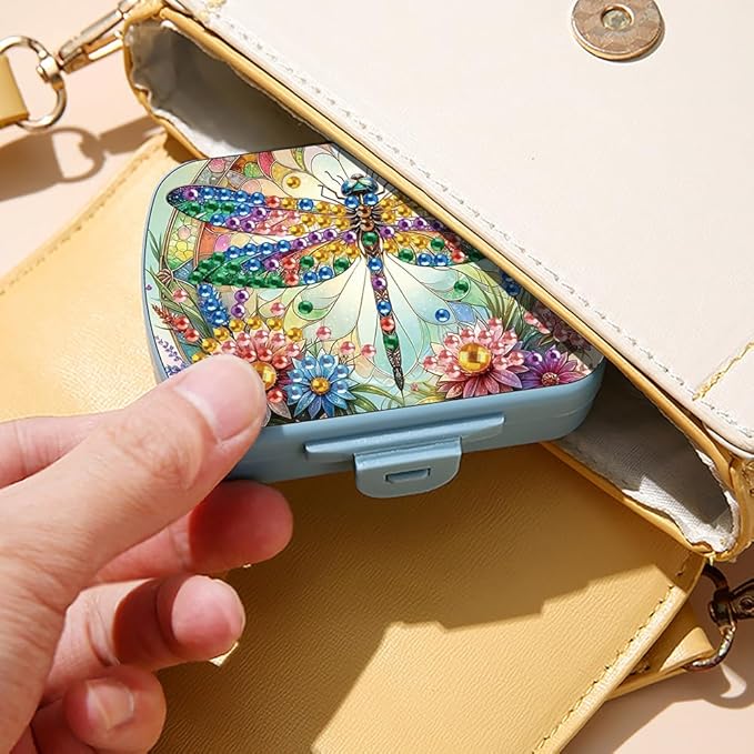 C'eitura DIY Flower Dragonfly Diamond Art Painting Blue Pill Organizer with 6 Lid Detachable Compartments, Fun DIY Craft Project for Adults, Elegant Pill Case for Purse & Travel