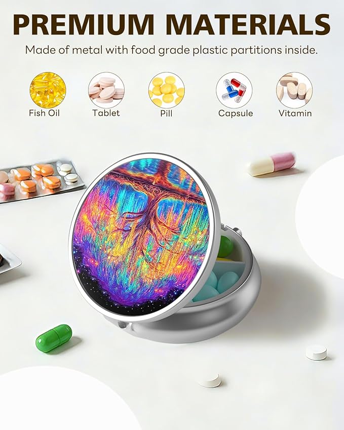 LRITER Pill Case, Portable Travel Pill Box, Pillbox Organizer, Cute Small Medicine Storage Container, Purse Accessories for Women, Men (Colorful Tree)