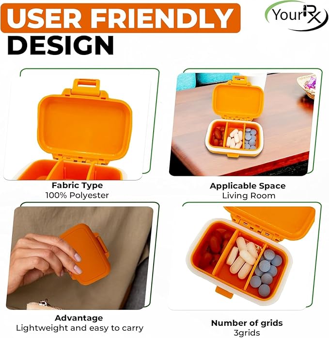 Travel Pill Organizer - Durable, Watertight Pill Case Travel Size with 3 Compartments - Compact Pill Travel Case for Vitamins, Supplements, Medicine - Travel Pill Container for Purse (Orange)