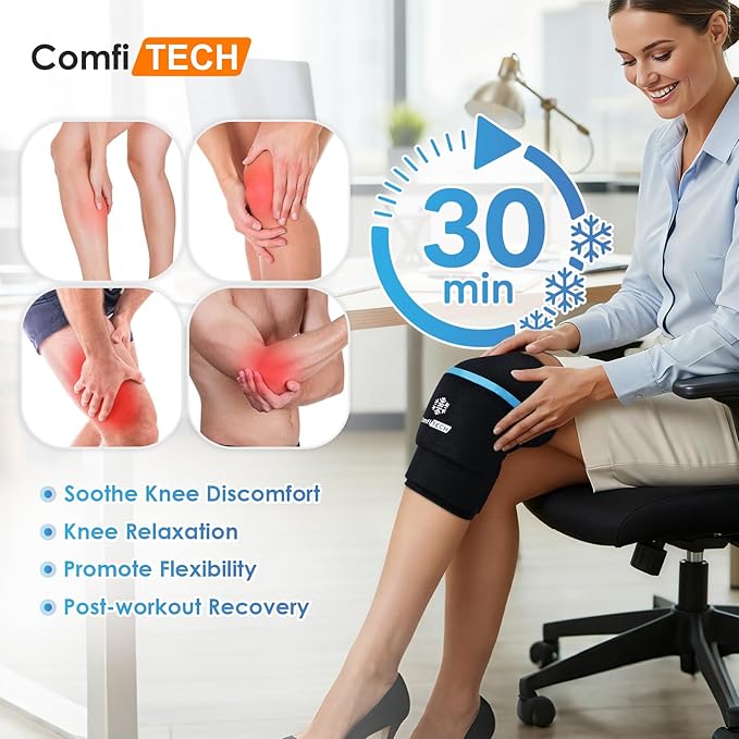 ComfiTECH Dual-Gel Pack Knee Ice Sleeve with Extended 30-Minute Cooling, Detachable Ice Pack & Flexible Reusable Gel Ice Wrap for Soothing Discomfort & Fatigue in Knee, Thigh and Calf, Medium, 2 Packs