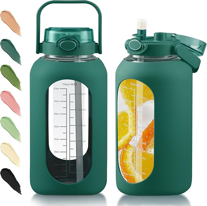 Glass Water Bottle with Straw and Handle Lid Half Gallon Motivational Glass Bottle with Silicone Sleeve and Time Marker Large Reusable Sports Water Jug for Gym Home Workout