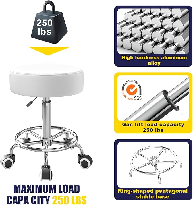 Rolling Stool With Heavy Weight Capacity 250lb, PU Leather Seat, Wheels and Footrest - Ultra Soft Padded, 360 Swivel for Spa, Drawing, Salon, Work, Office, Tattoo (White)