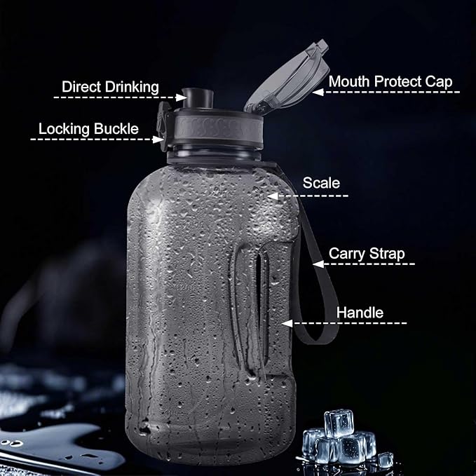 GEMFUL 2 Liter Water Bottle with Time Marker & Handle 64oz Large Motivational Jug for Gym Workouts No Straw Leak Proof BPA Free (Grey)
