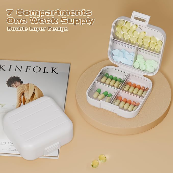 Small Travel Pill Box, Double Layer 7-Compartments Pill Organizer, 3.1" x 3.1" x 1.4" Portable Weekly Pill Case Container for Pocket, 7 Day Compact Medicine Holder for Vitamins, Fish Oils White