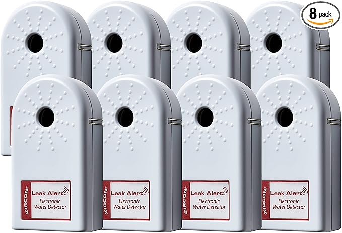 Zircon Leak Alert Water Leak Detector & Flood Sensor Alarm/Water Leak Sensor with Dual Leak Alarms 90dB Audio/Battery Powered (Contractor 8 Pack) Batteries Not Incuded,72309,White