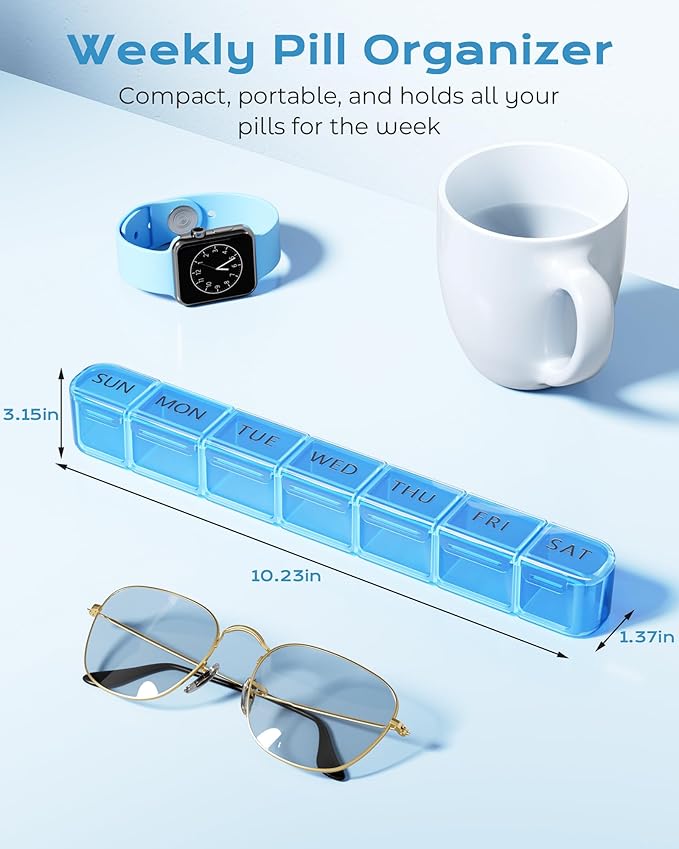 Daviky Weekly Pill Organizer, Large 7 Day Pill Box, Travel Pill Case, Daily Pill Dispenser for Vitamins, Medicines, Supplements, and Fish Oil(Blue)