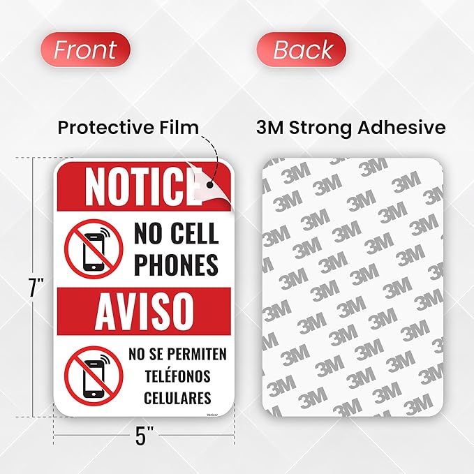 1PC No Cell Phone Use Sign, 7 x 5 Inches - Acrylic - No Phone Zone Poster Sticker For Classroom Wedding Business - Bilingual
