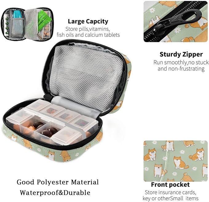 Fustylead Cute Cartoon Shiba Inu Dog and Daisy Flower Pill Organizer Travel Portable Zipper Cloth Bag for Holding Weekly Supplements Vitamins and Fish Oils