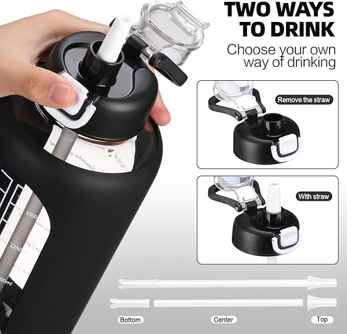 64 oz Glass Water Bolttles with Straw Half Gallon Large Motivational Water Bottle with Time Marker Sports Water Bottles with Silicone Sleeve and Handle Lid Water Jug for Gym Workout