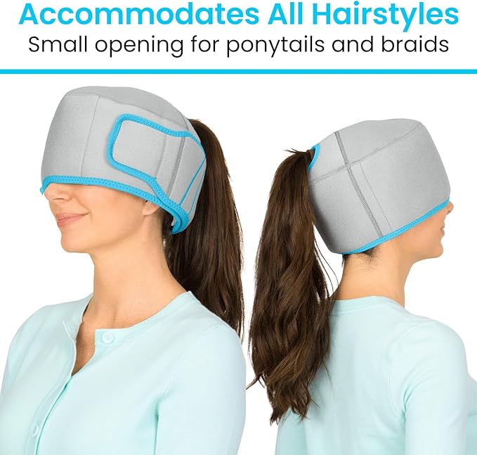 Vive Migraine Relief Cap - Hot & Cold Compression Hat for Headache - Full Head Ice Wrap Beanie & Eye Mask for Tension & Pressure Relief - Cooling Headband - Reusable & Flexible Soft Gel Packs