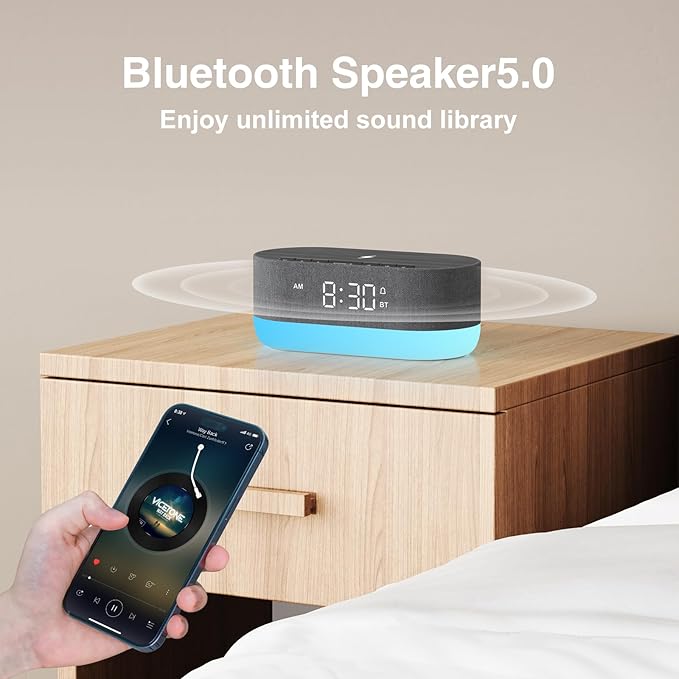 HOUSBAY Sound Machine with Alarm Clock for Bedrooms, Dual Speakers, 21 HiFi Sounds, 10W Wireless Charger, Unlimited Sound, Bluetooth, 10 Night Light, White Noise Machine for Sleeping, Black