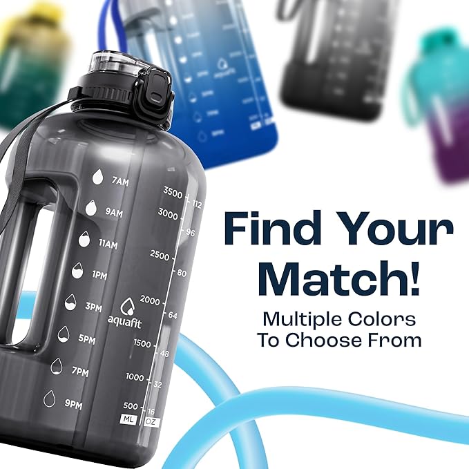 AQUAFIT 1 Gallon Water Bottle with Time Marker - Straw & Chug Lid - BPA Free Gym Water Bottle with Straw - Big Gallon Jug (Nebula, 128 oz - 2in1 Lid)