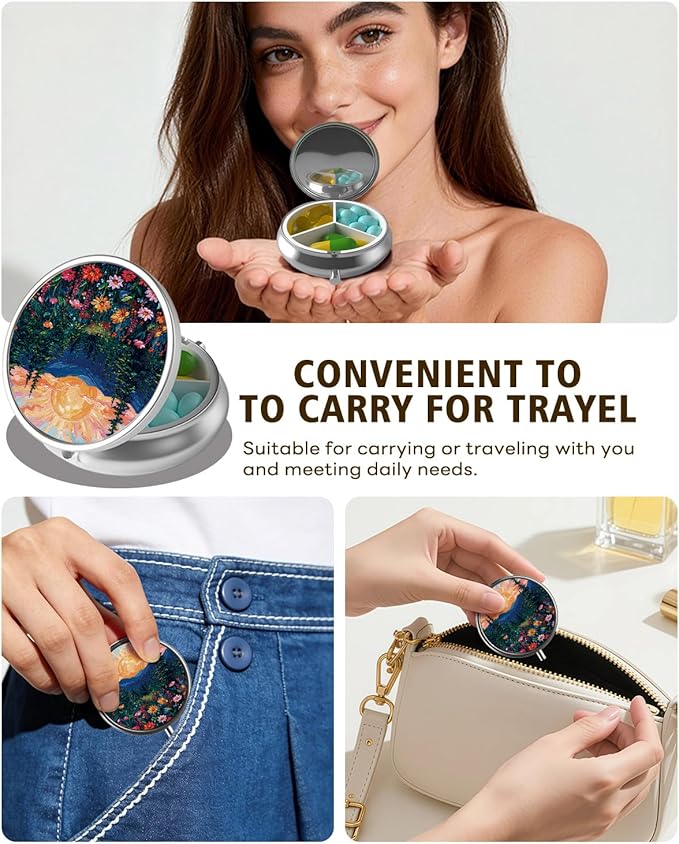 LRITER Pill Case, Portable Travel Pill Box, Pillbox Organizer, Cute Small Medicine Storage Container, Purse Accessories for Women, Men (Sunrise Forest)