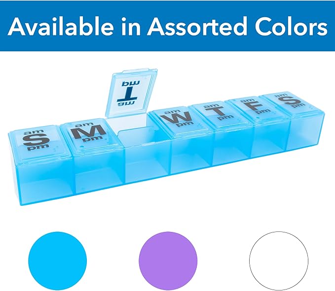 Apex 7 Day XXL Twice-A-Day Weekly Pill Organizer, Weekly Pill Organizer, Daily, Easy-Open, See-Through Lids, Organize Medication or Vitamins - Assorted Colors