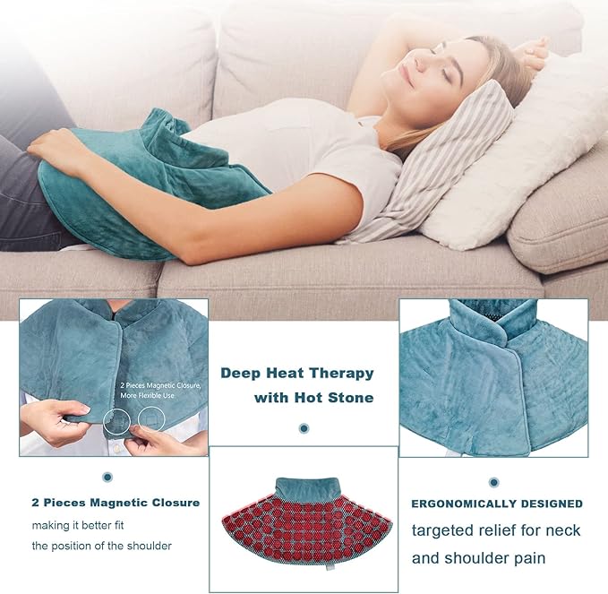 Jade Stone Heating Pad for Neck and Shoulders, 22”*26” Weighted Heated Shoulder Wrap for Upper Back Pain Relief, Fast-Heating with 12 Heat Setting, and 1-24h Auto-Off,Stay on Function.