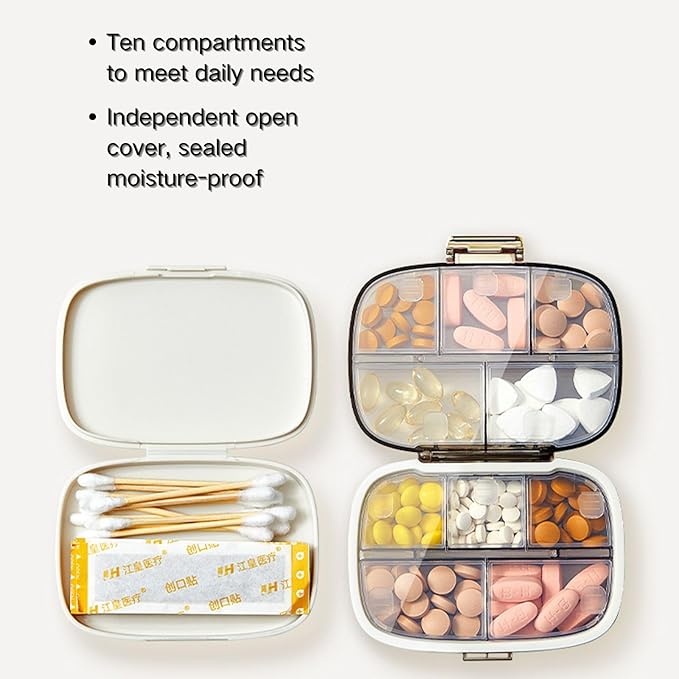 Travel Pill Box – Travel Pill Organizer, 10 Compartments Portable Pill Case,Pill Case for Purse, Pocket – Durable Daily Pill Organizer for Vitamins, Supplements