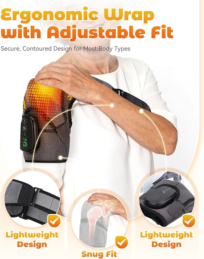 Shoulder Massager – Shoulder Heating Pad with Massage, Cordless Heated Shoulder Wrap with 3 Intensity Levels, Adjustable Straps for Deep Tissue Comfort, One-Button Operation (Black)