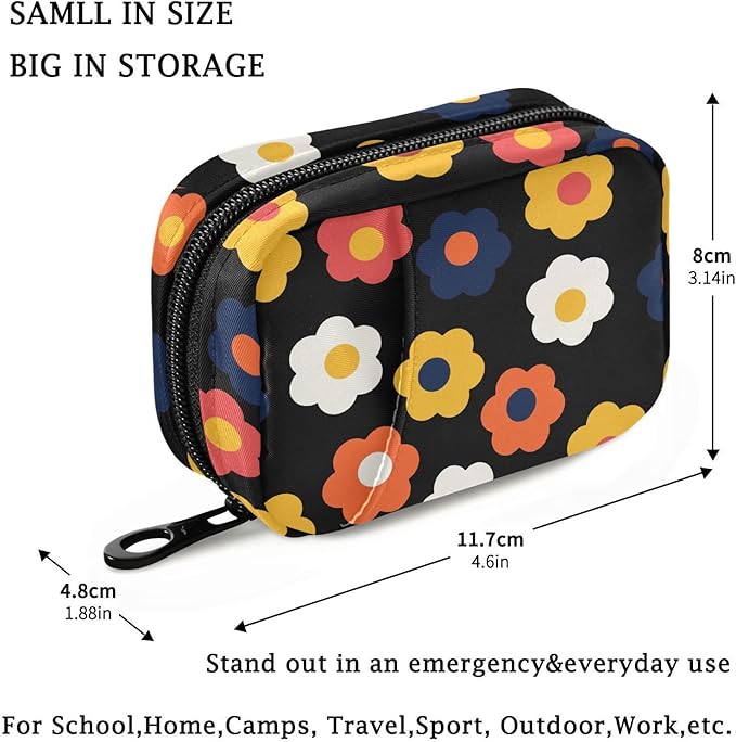 Fustylead Groovy Trendy Boho Retro Cute Flower Pill Organizers 2 Times A Day Pill Case Bag with Zipper Portable Weekly Pill Dispensers for Vitamin Supplement