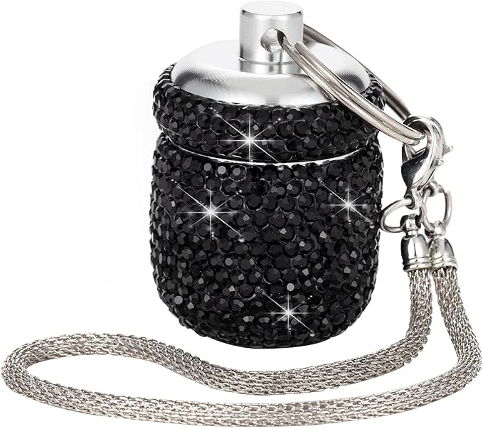 Bling Pill Organizer Travel Small Pill Case Keychain Waterproof Pill Box for Purse Portable Medicine Bottle Holder with Key Chain for Vitamin Supplement(Black)