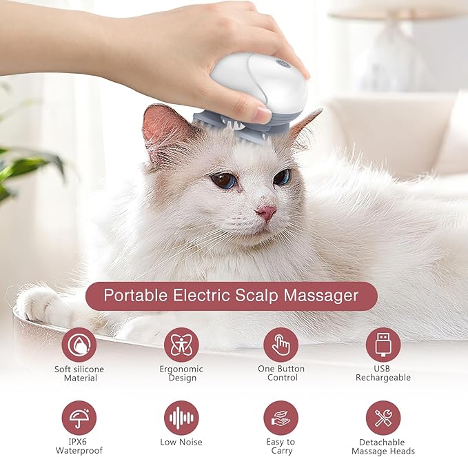 LOFICOPER Electric Scalp Massager, Pet Massager for Dogs and Cats, Handheld Electric Scalp with 4 Rotating Massage Heads, 96 Massage Nodes, for Pet Relaxation, Soothing Mood