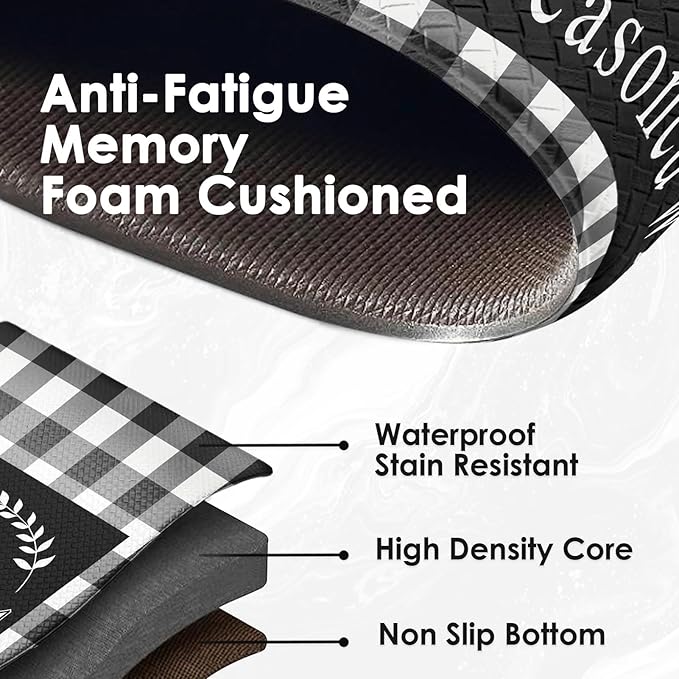 Arttown Farmhouse Anti-Fatigue Kitchen Rug Set of 2 Black White Buffalo Plaid Cushioned Floor Mat, Standing Waterproof Non-Slip Kitchen Mat PVC Ergonomic Comfort Foam Rug