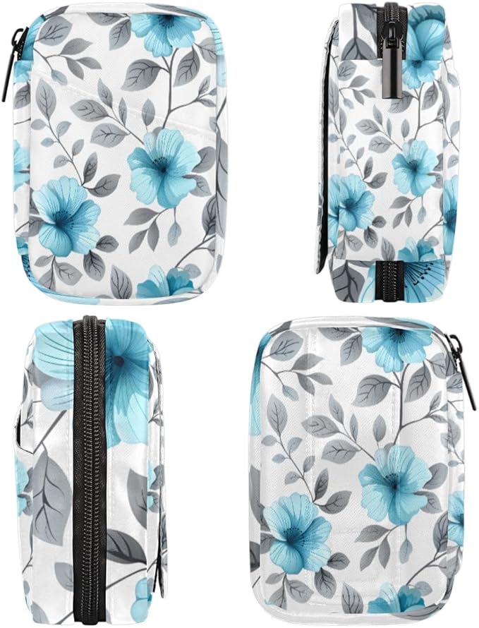 Portable Pills Organizer for Purse, Pill Cases Organizers 7 Day Medicine Travel Case, Personal Week Pill Organizer Cute Zipper Medication Bag Containers for Vitamin, Supplement (Blue Floral)