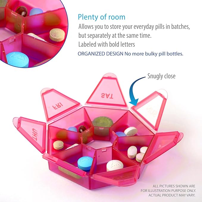 Deke Home - Small Weekly Pill Organizer, Round Pill Dispenser for Travel, Mini Pill Organizer, Compact Medicine Holder, Pill Sorters 7 Days, Portable Vitamin Container, BPA Free (Food Grade)