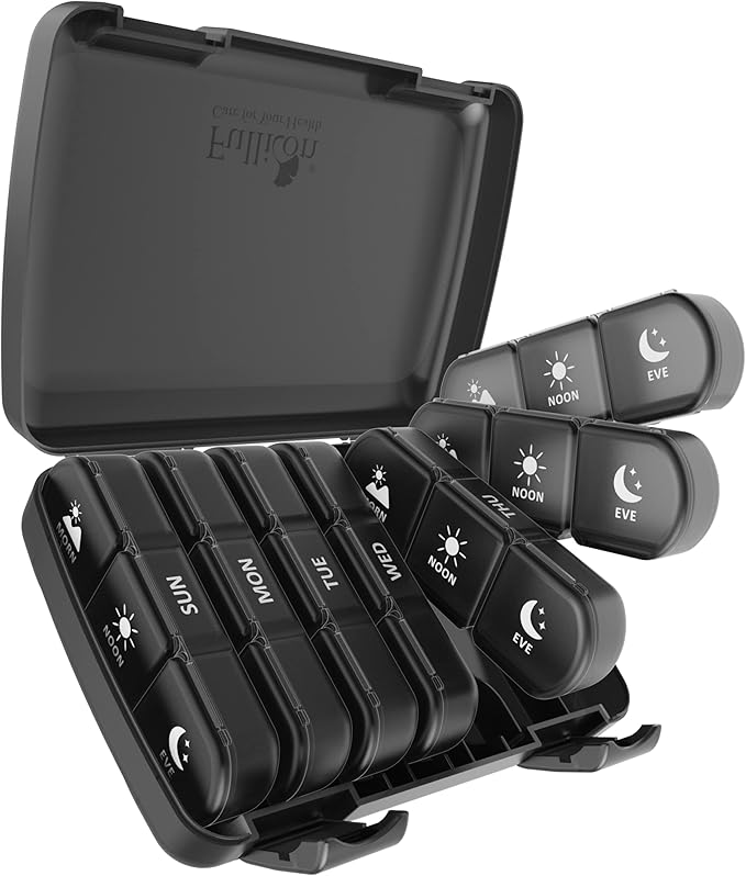 Pill Organizer 3 Times a Day, Fullicon Large Weekly Pill Case 7 Day, Daily Pill Box with 21 Compartments, Pill Dispenser Supplement Holder for Pills/Vitamin/Fish Oil - Black
