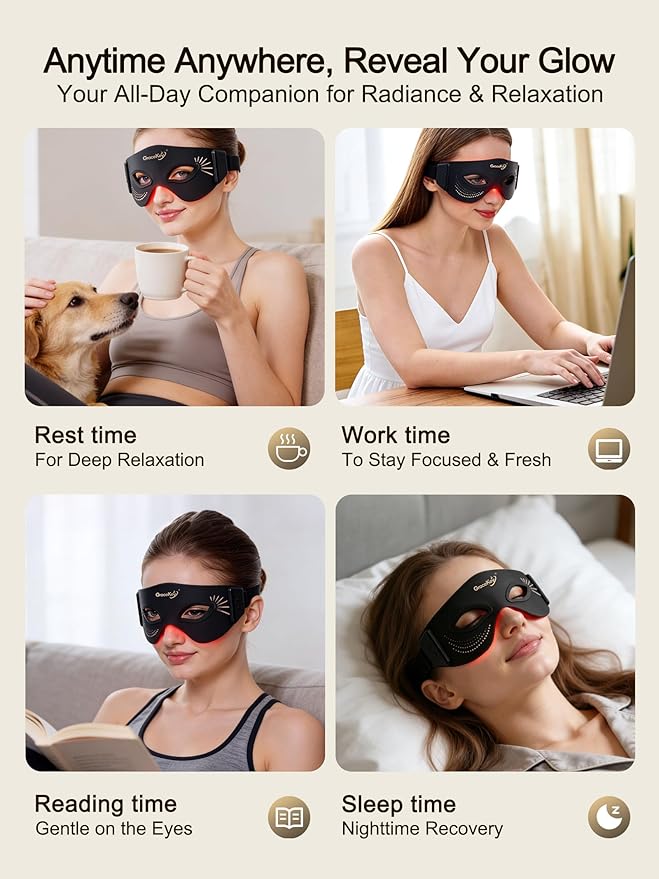 Red Light Therapy for Eyes, 3 Colors Modes Red Light Therapy Mask with Near Infrared Red Light (NIR) 850nm, Red Light Eye Mask, Rechargeable Under Eye Light Therapy Device for Home Skincare